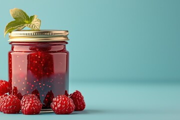 Captivating minimalist composition featuring a jar of mulberry jam surrounded by fresh berries on a soft blue background