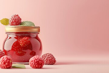 Minimalist capture of mulberry jam jar with fresh raspberries on a soft pink background