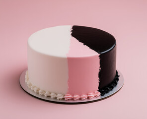 A pure white background and a pink and black cake. The left side of the cake body is black and the right side is pink. These two colors are divided into two halves. This kind of cake is the perfect ch