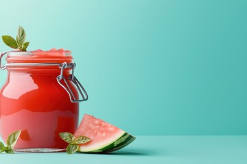 Open jar of refreshing watermelon juice with mint on a light blue background featuring a watermelon slice