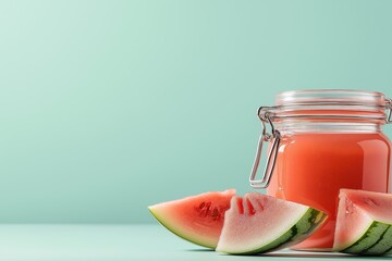 Minimalist composition featuring an open jar of watermelon juice and fresh watermelon slices on a teal background