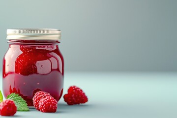 Minimalist presentation of mulberry jam jar with fresh berries on a serene background