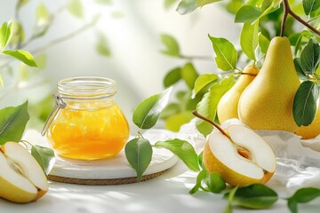 Minimalist photography of a pear jam jar alongside fresh pears and vibrant leaves in a bright indoor setting