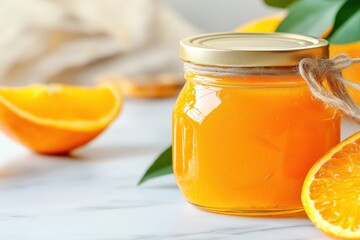 Minimalist display of vibrant orange marmalade with fresh oranges on a light marble surface