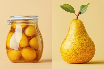 Minimalist display of pear jam jar alongside a fresh pear showcasing the essence of simplicity in food photography
