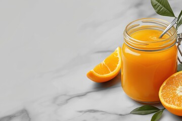 Minimalist scene featuring fresh orange marmalade in a jar with orange slices on a marble surface
