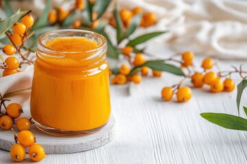 Minimalist depiction of sea buckthorn jam surrounded by natural elements on wooden surface