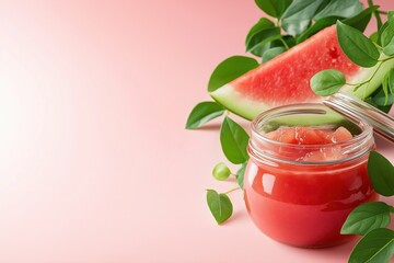 Open jar of watermelon juice surrounded by fresh watermelon and green leaves on a pastel background