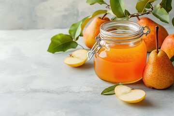 Minimalist composition featuring pear jam jar alongside fresh pears and green leaves on a soft surface