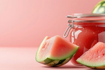 Minimalist display of an open jar filled with watermelon slices and fresh pink background