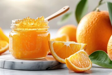 Bright orange marmalade showcased in minimalist setting with fresh oranges and a wooden spoon