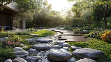 serene landscape featuring winding stream, smooth stones, and lush greenery, creating peaceful