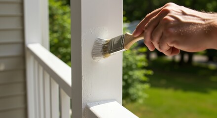 Close up of a hand painting a white wooden porch railing outdoors. Home improvement and DIY project for exterior renovation.
