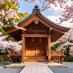 Serene Japanese Shrine Entrance with Cherry Blossoms in Spring