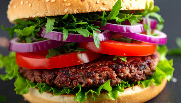 Juicy burger with beef, onion, arugula and fresh tomatoes. Fast food. Delicious meal.
