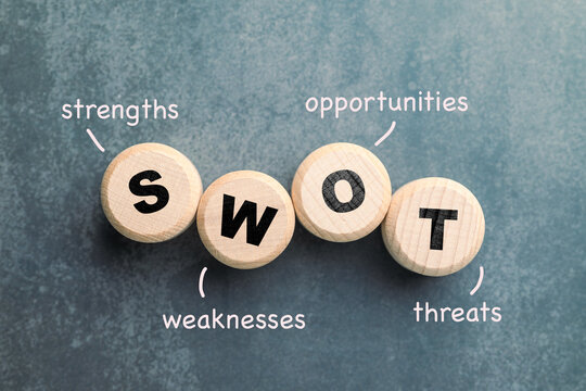 SWOT analysis represented by wooden blocks labeled with Strengths, Weaknesses, Opportunities, and Threats. Ideal for business strategy, planning, and decision-making visuals