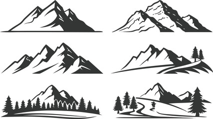 Six stylized mountain silhouettes showcase diverse mountain landscapes.