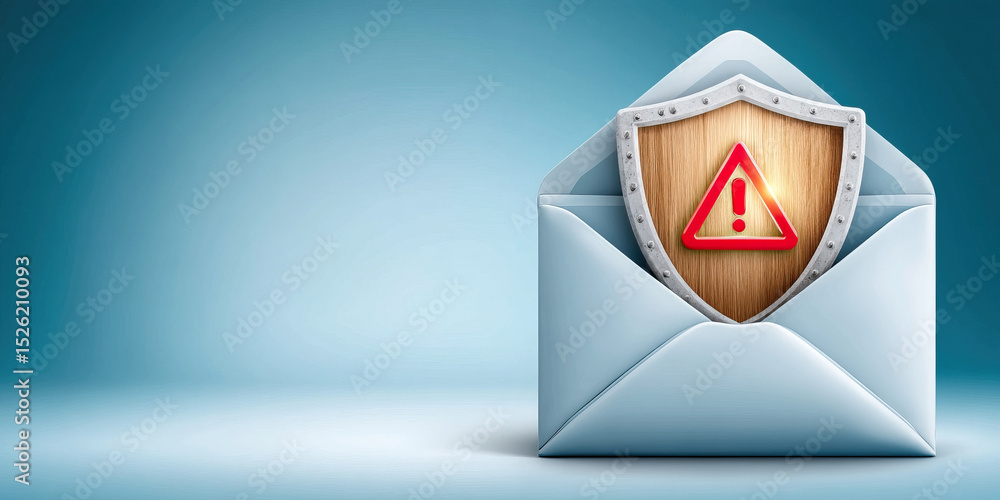 Poster phishing scam awareness concept with notification shield inside envelope symbolizing email security 