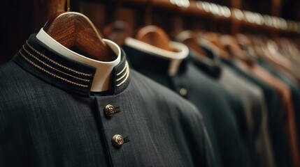 Elegant menswear display featuring tailored jackets and unique collars on hangers in a chic boutique background capturing luxury fashion aesthetics
