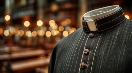 Close-up of Traditional Priest Vestments with Detailed Collar Design and Soft Focus Church Interior Background, Highlighting Spiritual Attire and Heritage