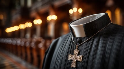 Detailed Close-Up of a Clerical Collar and Cross Pendant in a Historic Church Interior with Soft Ambient Lighting and a Traditional Altar in the Background