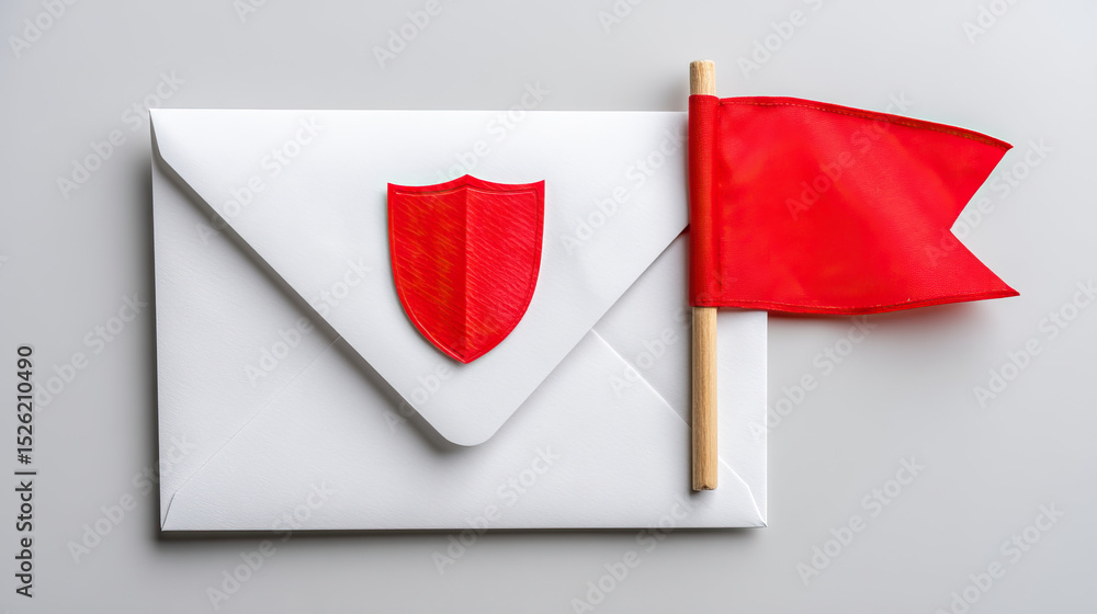 Poster white envelope with red shield icon and red flag symbolizing scam alert or warning message