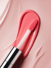 Close-up of smooth pink lip gloss application with applicator brush