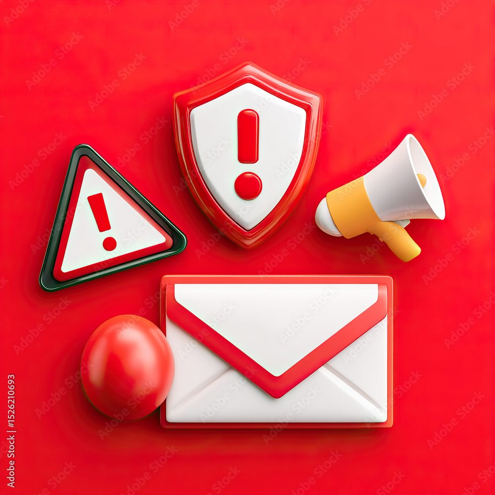 Poster scam awareness notification concept with alert icons and envelope on red background for urgent messa