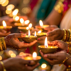 Diwali Festival Hands Holding Lit Diyas Traditional Indian Ceremony Festive Lights