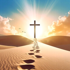 Desert Path Leading to Cross Silhouette at Sunrise Spiritual Journey Faith Hope