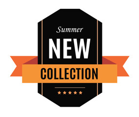 A stylish summer new collection badge with a black emblem and orange ribbon, ideal for seasonal product launches.