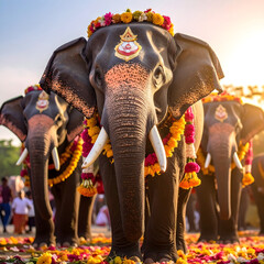 Majestic Asian Elephants Adorned with Floral Garland at Festival