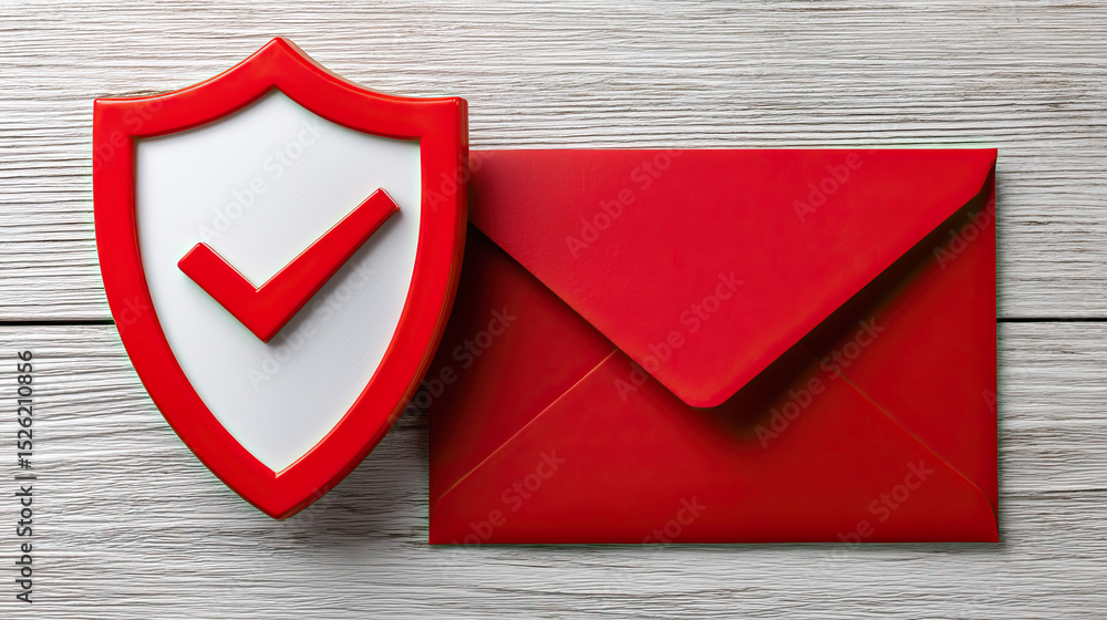 Poster security shield with check mark and red envelope on wooden background for scam awareness notificatio