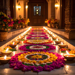 Illuminated Pathway Festive Flower Rangoli with Diya Candles at Entrance