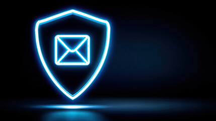 Fototapeta premium Email scam awareness notification concept with glowing neon shield and envelope icon on dark background
