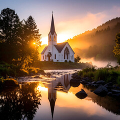 Serene Sunrise Church Reflection in Misty River Landscape
