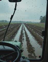 Rain-streaked glass view from a tractor cab overlooking plowed fields