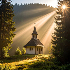 Sunbeams Illuminate Picturesque Chapel in Mountain Forest Landscape