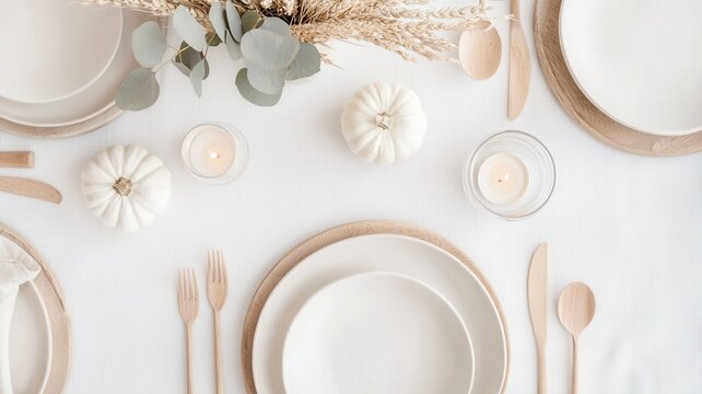 White thanksgiving table setting decorated minimalist eucalyptus, wheat, white pumpkins and candles, with aesthetic