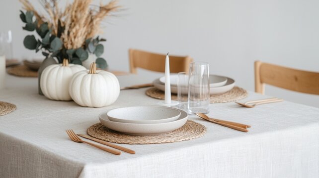 Thanksgiving table setting with candle plate, wooden cutlery, white pumpkin, eucalyptus leaves, wheat and empty on light gray concrete background