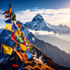Majestic Himalayan Mountain Range with Colorful Prayer Flags at Sunrise