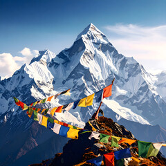Majestic Himalayan Mountain Peak with Colorful Prayer Flags