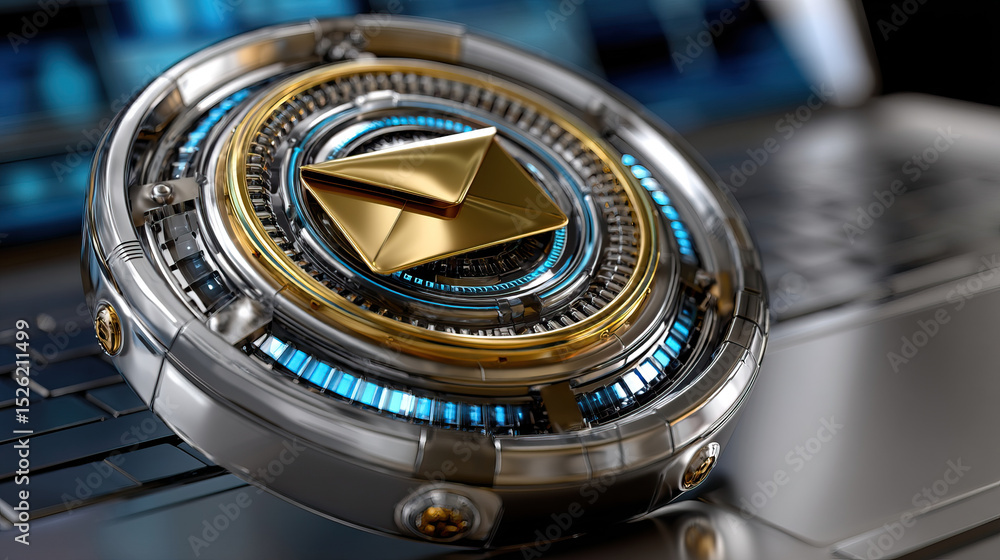 Poster futuristic metallic shield with golden envelope icon laptop keyboard symbolizing secure email protec