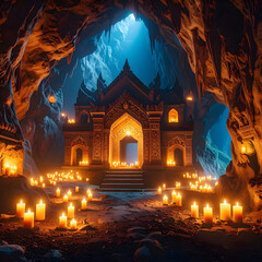 Mystical Cave Temple with Illuminated Entrance and Candles