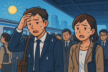 猛暑の朝に通勤する会社員たち
