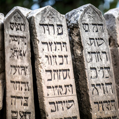 Ancient Hebrew Inscriptions on Weathered Tombstones in Old Cemetery