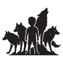 Man and Wolf Standing Together – Vector Illustration