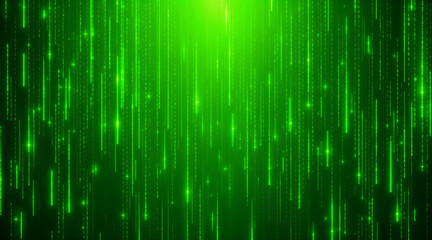 Abstract digital rain of green glowing code representing information and data flow