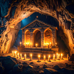 Enigmatic Ancient Stone Shrine in Dark Cave with Lit Candles