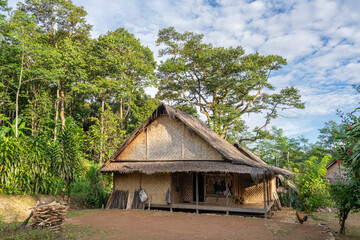 Natural landscape view of traditional bamboo and wooden house of Badui or Baduy Luar aka Kanekes ethnic group, Lebak, Banten, West Java, Indonesia